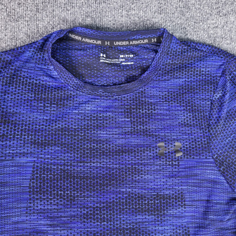 Under Armour HeatGear Mens Small Blue Black Camo Long Sleeve Fitted Shirt